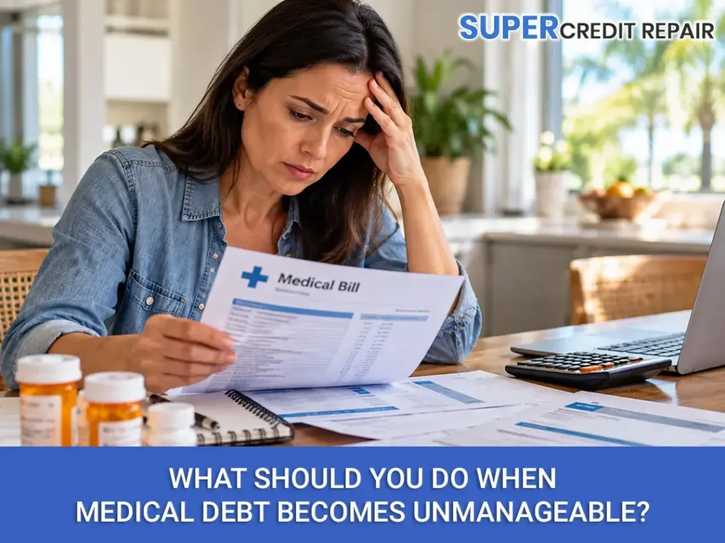 Worried woman reviews a medical bill at home beside a calculator, illustrating medical debt and credit repair.