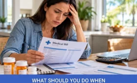 Worried woman reviews a medical bill at home beside a calculator, illustrating medical debt and credit repair.