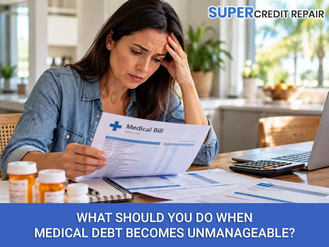 Worried woman reviews a medical bill at home beside a calculator, illustrating medical debt and credit repair.